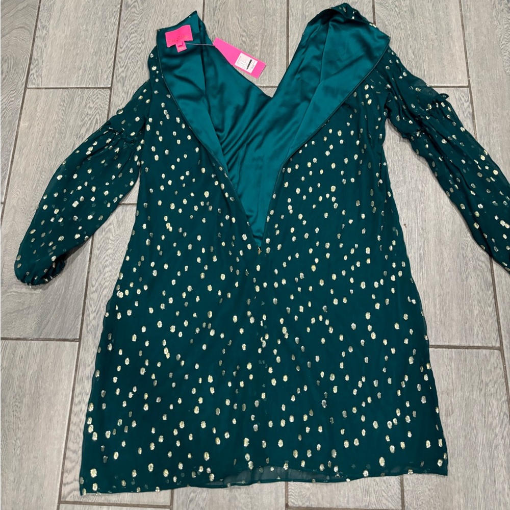 Lilly Pulitzer Cleme Silk Dress in Spruce Green Gold Metallic Silk Clip Size 10 - Picture 8 of 8